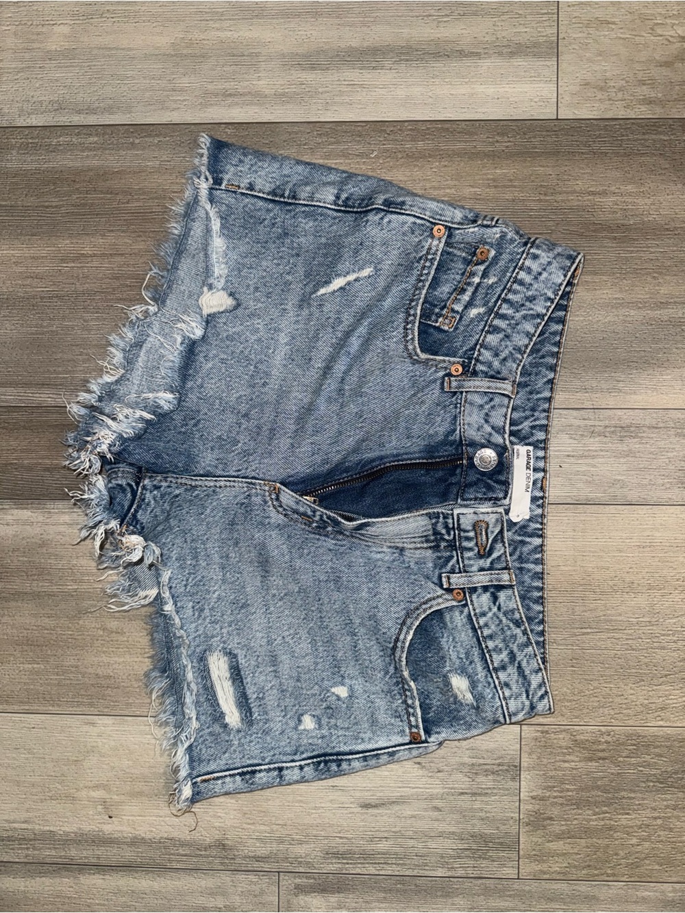 Garage Distressed Light Blue Denim Shorts with Frayed Hem
